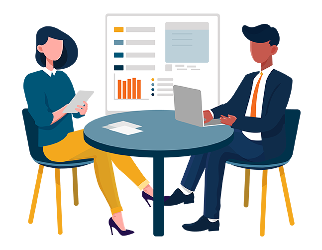 Neobi team members reviewing market insights together